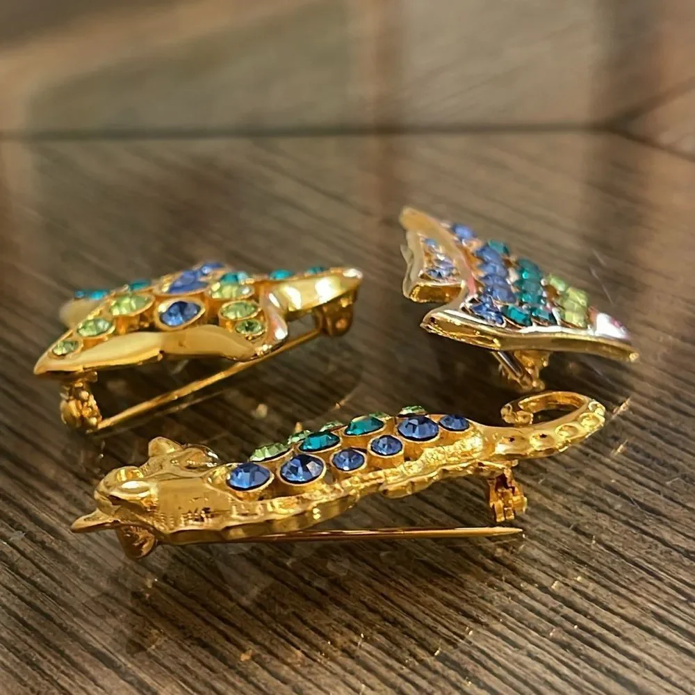 LIA Lianna Stamped 3 Ocean/Sea Themed Gold-tone Brooches w/ Rhinestone Accents